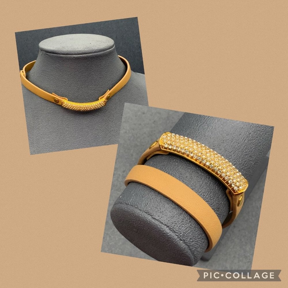 Wrap Bracelet Choker Necklace Tan Strap Rhinestone Gold Snap